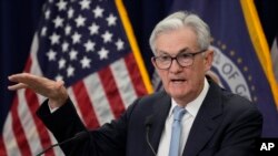美联储主席鲍威尔在华盛顿的美联储总部举行记者会。(2023年3月22日)