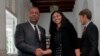 Foreign Minister of Sri Lanka Mangala Samaraweera, left, and U.S. Assistant Secretary of State Nisha Biswal prepare to address media in Colombo, Aug. 25, 2015. 