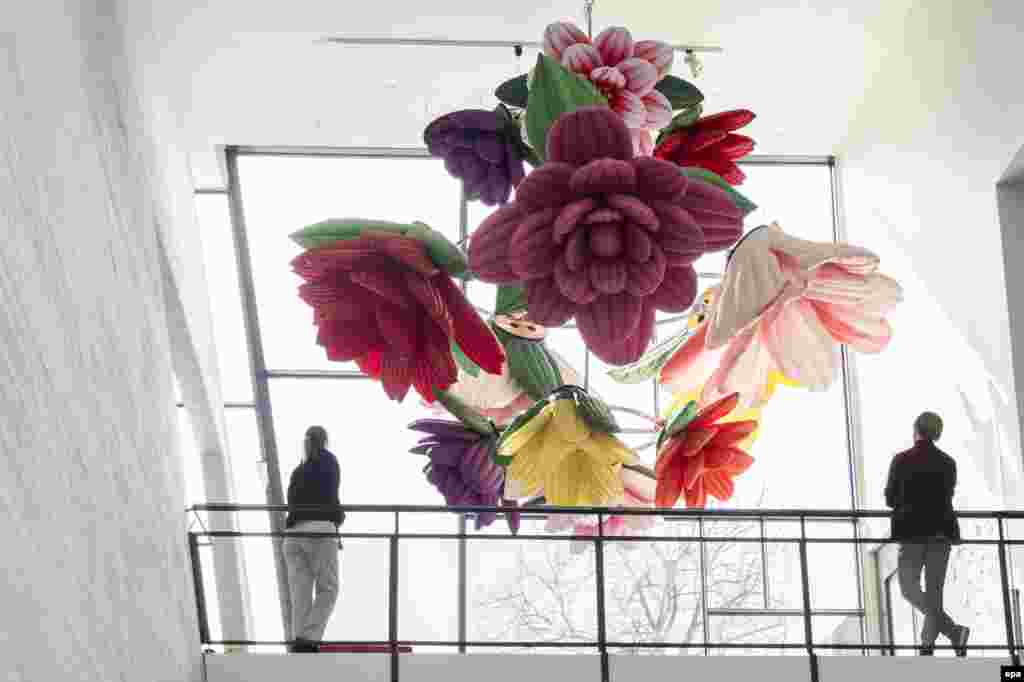Korean artist Choi Jeong Hwa's work 'Flower Chandelier' is on display in his exhibition 'Happy Together' at the Museum of Contemporary Art Kiasma in Helsinki, Finland.