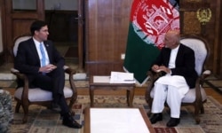 Afghanistan's President Ashraf Ghani meets with U.S. Defense Secretary Mark Esper in Kabul, Afghanistan, Oct. 20, 2019.Afghanistan's President Ashraf Ghani meets with U.S. Defense Secretary Mark Esper in Kabul, Afghanistan, Oct. 20, 2019.