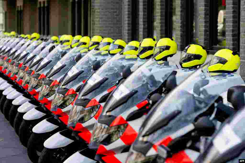 Motorbikes of the Dutch motor brigade are parked at the Ministry of Foreign Affairs in The Hague, Netherlands. The Nuclear Security Summit (NSS) is scheduled to be held on March 24 and 25.