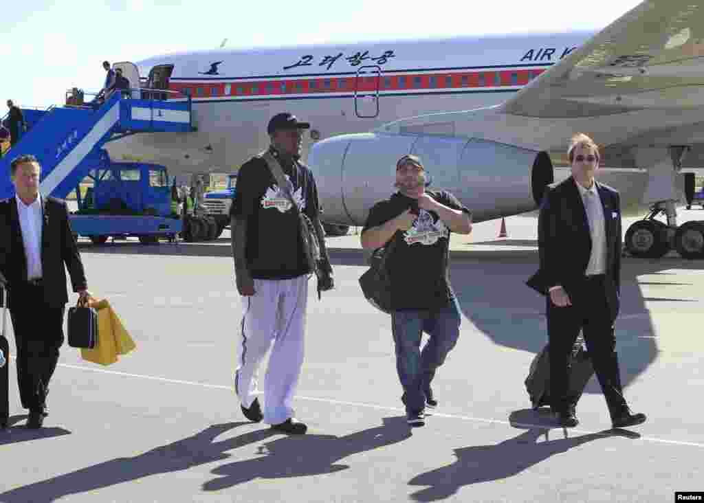 Dennis Rodman arrives at Pyongyang&#39;s airport, Sept. 3, 2013.