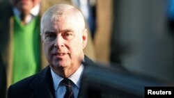 Britain's Prince Andrew leaves St. Mary the Virgin church in Hillington, near royal Sandringham estate, in Norfolk, Jan. 19, 2020.