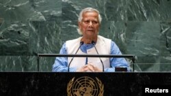 বাংলাদেশের অন্তর্বর্তীকালীন সরকারের প্রধান উপদেষ্টা ড. মুহাম্মদ ইউনূস জাতিসংঘ সাধারণ পরিষদে ভাষণ দিচ্ছেন। ফটোঃ ২৭ সেপ্টেম্বর, ২০২৪। 