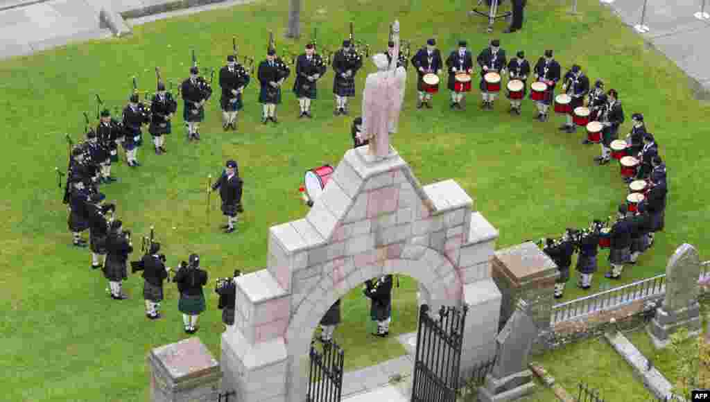 Members of the Kirkwall Pipe Band play their instruments prior to the National Commemoration of the centenary of the Battle of Jutland, at St. Magnus Cathedral in Kirkwall, Orkney, Scotland.
