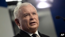 Jaroslaw Kaczynski, head of Poland's ruling Law and Justice party, speaks during a news conference, defending his party's proposals for changes in the judiciary system, in Warsaw, July 14, 2017.