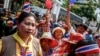 Farmers take part in a rally demanding the Yingluck administration resolve delays in payment, at the office of the auditor general in Bangkok, March 3, 2014. 