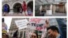 Hotel u Vašingtonu (D) i Čikagu (L) američkog predsednika Donalda Trampa; protest pred zgradom hotela u Čikagu (Foto: Reutes/VOA graphic)