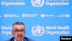 Drejtori i Përgjithshëm i Organizatës Botërore të Shëndetësisë, Tedros Adhanom Ghebreyesus, gjatë një konference për shtyp në Gjenevë