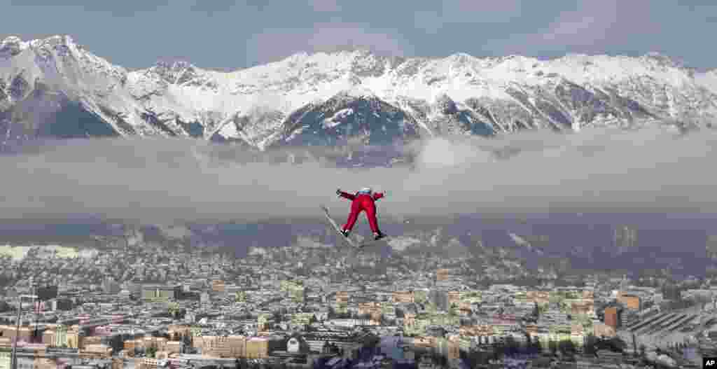 Anders Jacobsen of Norway soars during the trial jump at the third stage of the four hills ski jumping tournament in Innsbruck, Austria, Jan. 3, 2015.