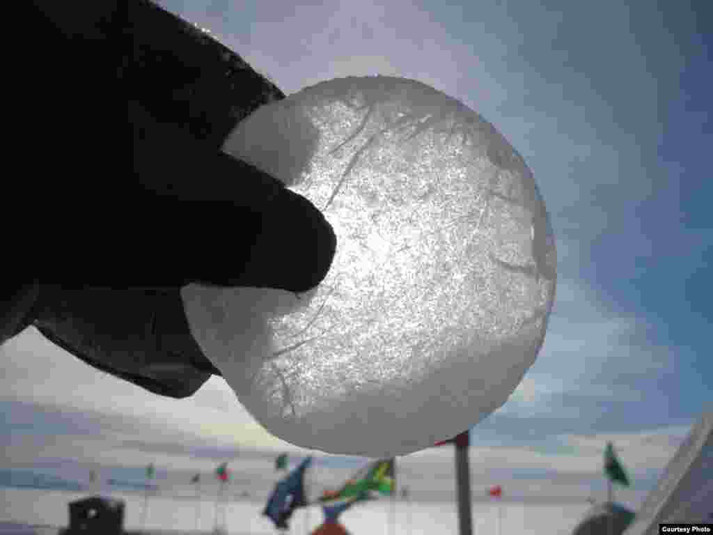 A sample of McMurdo Ice Shelf ice retrieved during the drilling of the access boreholes. (David Holland) 