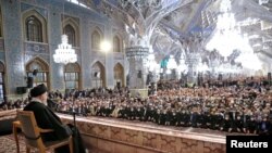Iran's Supreme Leader Ayatollah Ali Khamenei speaks during a public rally in Mashhad, on March 21, 2023. (West Asia News Agency/via Reuters)