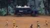 An Ugandan police APC (Armoured Personnel Carrier) is parked on a soccer field in Kampala, Uganda, Jan. 18, 2021. 